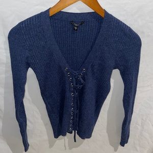 New Guess Lace up long sleeve ribbed Navy sweater S